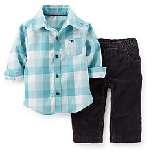 Carter's Boys 2 Piece Blue Plaid Button Down Flannel Shirt and Corduroy Pant Playwear Set