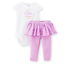 Carter's Girls 2 Piece White "Best Little Sister Ever" Bodysuit and Purple Striped Pant with Attached Skirt Set