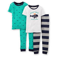 Carter's Boy Navy/Teal 4 Piece Cotton Pajama with Ocean Explorer and Whale Printed Tops with Matching Pant Set - Toddler