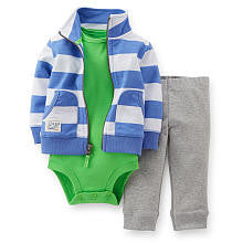 Carter's Boys 3 Piece Blue/White Striped Zip Front Terry Cardigan, Bodysuit and Pant Set