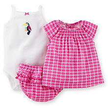 Carter's Girls 3 Piece Toucan Embroidered Sleeveless Bodysuit, Purple Print Flutter Sleeve Top and Diaper Cover Set