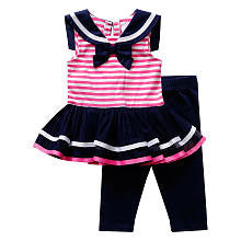 Youngland Girls 2 Piece Pink Stripe Sailor Collar Drop Waist Tunic with Black Leggings Set