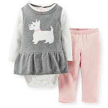 Carter's Girls 3 Piece Grey Drop Waist Sweater Knit Top with Scotty Dog Art, Polka Dot Bodysuit and Pink Legging Set