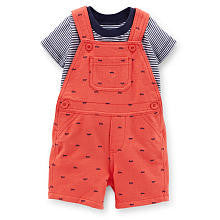 Carter's Boys 2 Piece Striped Short Sleeve T Shirt and Red Car Schiffli Print Terry Shortall Set