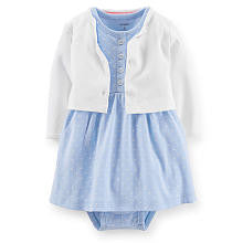 Carter's Girls 2 Piece Light Blue Polka Dot Bodysuit Dress and White Long Sleeve Cardigan Set