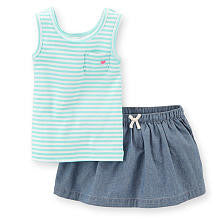 Carter's Girls 2 Piece Green/White Stripe Sleeveless Top and Chambray Skort Set