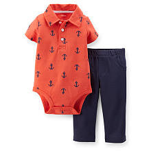 Carter's Boys 2 Piece Red Anchor Schiffli Print Short Sleeve Polo Bodysuit and Navy Pants Set