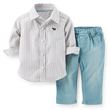 Carter's Boys 2 Piece Grey Button Down Long Sleeve Shirt and Blue Twill Pants Playwear Set