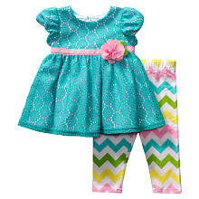 Youngland Girls 2 Piece Empire Waist Eyelet Dress with Floral Waist Accent and Multi Color Chevron Print Legging