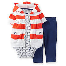 Carter's Girls 3 Piece Anchor Printed Bodysuit, Red/White Striped Short Sleeve Zip Up Hoodie, and Blue Pant Set