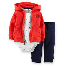 Carter's Boys 3 Piece Red Zip Front Hoodie, Anchor Printed Bodysuit and Pants Set