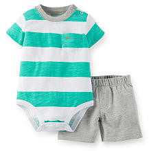 Carter's Boys 2 Piece Turquoise/White Striped Short Sleeve Bodysuit and Grey Short Set