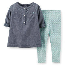 Carter's Girls 2 Piece Blue Chambray 3/4 Sleeve Tunic and Printed Legging Set - Toddler