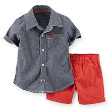 Carter's Boys 2 Piece Blue Denim Chambray Short Sleeve Button Down Shirt and Red Shorts Playwear Set