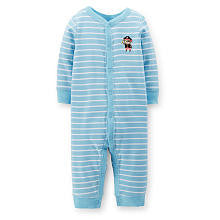 Carter's Boys Blue Striped Easy Entry Rib Coverall with Embroidered Pirate Monkey Applique