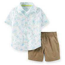 Carter's Boys 2 Piece Light Blue Hawaiian Print Short Sleeve Button Down Shirt and Taupe Shorts Playwear Set