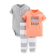 Carters Boys 3 Piece Set with Coral Dangerously Handsome Daddy T Shirt, Grey Henley Bodysuit and Grey/White Striped Pant