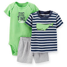 Carter's Boys 3 Piece Striped Whale Print Short Sleeve T Shirt, "Big Time Cutie" Short Sleeve Bodysuit and Short Set