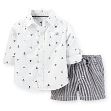 Carter's Boys 2 Piece White Anchor Schiffli Print Button Down Shirt and Black and White Pinstriped Short Set