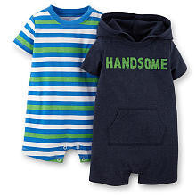 Carter's Boys 2 Pack Navy "Handsome" Print Kangaroo Front Pocket Hooded Romper and Blue/Green Striped Romper