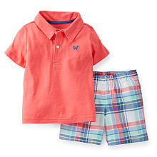 Carter's Boys 2 Piece Pink Short Sleeve Polo Top and Plaid Woven Short Set - Toddler