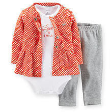 Carter's Girls 3 Piece Orange Printed Peplum Top, White Slogan Short Sleeve Bodysuit and Grey Pant Set