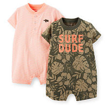 Carter's Boys 2 Pack Olive Tropical Print "Surf Dude" Romper and Orange Striped Raglan Romper