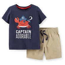 Carter's Boys 2 Piece Navy "Captain Adorable" Pirate Crab Short Sleeve Graphic T Shirt and Khaki Shorts Playwear Set