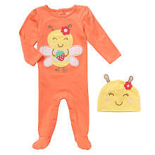 Koala Baby Girls' 2 Piece Coral/Yellow Bumblebee Layette Set with Footie and Hat