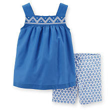 Carter's Girls 2 Piece Blue Sleeveless Top with Embroidery and Blue/White Printed Short Set