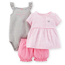 Carter's Girls 3 Piece Pink Striped Empire Top, Grey "Sweet Heart" Bodysuit with Glitter and Pink Bloomer Set