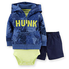 Carter's Boys 3 Piece Navy Printed "Hunk" Zip Up Hoodie, Bodysuit and Short Set