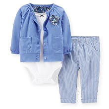 Carter's Girls 3 Piece Blue Knit Cardigan, White Pointelle Printed Bodysuit and Blue Striped Woven Pant Set