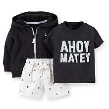 Carter's Boys 3 Piece Black Zip Up Hoodie, Black "Ahoy Mate" Short Sleeve T Shirt and White Anchor Schiffli Short Set