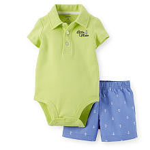 Carter's Boys 2 Piece Yellow Short Sleeve Polo Bodysuit and Blue Anchor Schiffli Short Set