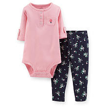 Carter's Girls 2 Piece Pink Roll Cuff Henley Bodysuit and Navy Floral Printed Knit Pant Set