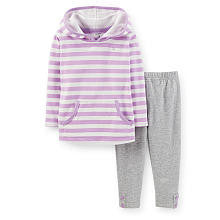 Carter's Girls 2 Piece Purple Striped Long Sleeve Hooded Top and Grey Legging Set