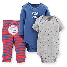 Carter's Boys 3 Piece Little Guy Big Game Bodysuit, Grey Bodysuit and Striped Pant with Little All-Star Applique Set