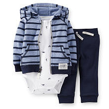 Carter's Boys 3 Piece Blue Striped Zip Front Hoodie White Printed Bodysuit and Navy Terry Pants Set