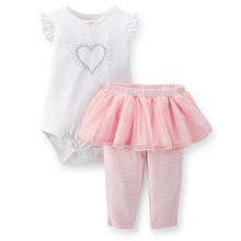 Carter's Girls 2 Piece White Glitter Heart Printed Flutter Sleeve Bodysuit and Light Pink Striped Skirt Legging Set