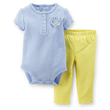 Carter's Girls 2 Piece Blue/White Striped Henley Short Sleeve Bodysuit and Yellow Legging Set