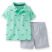 Carter's Boys 2 Piece Mint Schiffli Print Short Sleeve Polo Top and Seersucker Woven Shorts Playwear Set