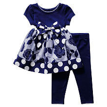 Youngland Girls 2 Piece Navy Tiered Polka Dot and Floral Ruffle Short Sleeve Tunic and Leggings Set