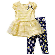 Youngland Girls 2 Piece Gold Short Sleeve Drop Waist Tunic with Tiered Bottom and Blue Flower Print Leggings Set