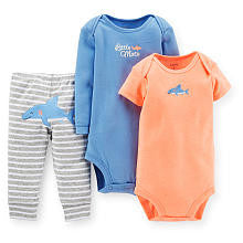 Carter's Boys 3 Piece Set with "Little Mate" Bodysuit, Peach Bodysuit and Striped Pant with Shark Embroidery