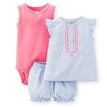 Carter's Girls 3 Piece Blue Striped Top with Embroidery, Pink Rib Bodysuit and Blue Striped Bloomer Set