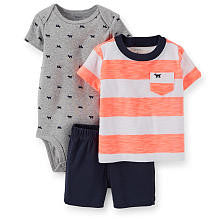 Carter's Boys 3 Piece Orange Stripe Short Sleeve T Shirt, Dog Schiffli Print Bodysuit and Navy Short Set