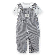 Carter's Boys 2 Piece Black/White Short Sleeve Anchor Schiffli Print T Shirt and Black/White Pinstripe Overall Set