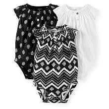 Carter's Girls 3 Pack Black/White Chevron Print, Floral Print, and White Henley Flutter Sleeve Bodysuits