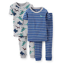 Carter's Boys Grey/Blue 4 Piece Cotton Pajama with Dinosaur and Stripe Tops with Matching Pant Sets - Toddler